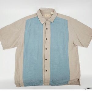 Boca Classics 100% Silk Blue Beige Palm Embroidered Bowling Shirt Large Vintage